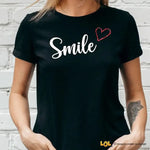 Magleitta Donna Nera Smile con Cuore Glitter Rosso Casual-T-shirt-Lol T-shirt