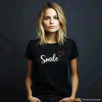 Magleitta Donna Nera Smile con Cuore Glitter Rosso Casual-T-shirt-Lol T-shirt