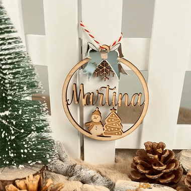 Pallina di Natale in Legno Personalizzato con Nome e Fiocco effetto Specchio-Decorazioni natalizie-Lol T-shirt