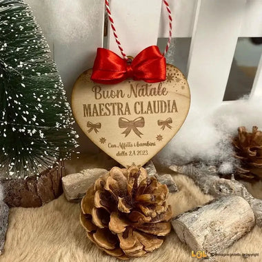 Pallina di Natale in legno Regalo per Maestra personalizzabile - Cuore con Fiocchetti-Decorazioni natalizie-Lol T-shirt