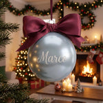 Pallina di Natale Argentata Personalizzata con Nome e Fiocco in Raso – 8 cm