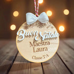 Pallina di Natale in Legno Maestra Personalizzata con Nome, Classe e Scritta Buon Natale in 3D