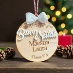 Pallina di Natale in Legno Maestra Personalizzata con Nome, Classe e Scritta Buon Natale in 3D