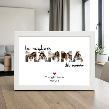 Quadro Mamma Personalizzato con Foto nelle Lettere e Dedica (5 Foto) con Cornice Bianca o Nera