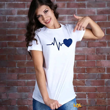 T-Shirt Donna Heartbeat – Maglietta Divertente con Cuore Glitter Blu-T-shirt-Lol T-shirt