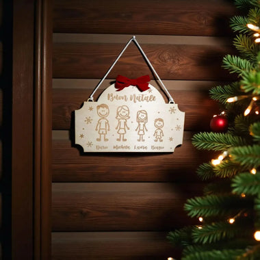 Targa Porta Natalizia Personalizzata con Membri e Nomi Famiglia – Decorazione in Legno con Fiocco Rosso in Velluto-Targa Porta-Lol T-shirt