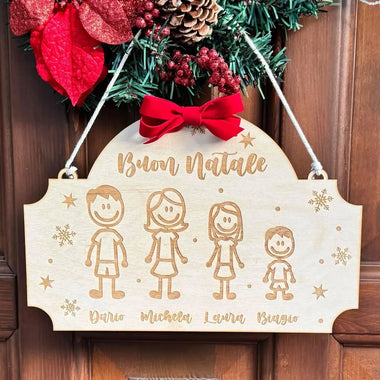 Targa Porta Natalizia Personalizzata con Membri e Nomi Famiglia – Decorazione in Legno con Fiocco Rosso in Velluto-Targa Porta-Lol T-shirt