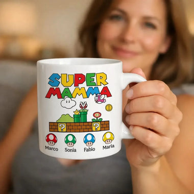 Tazza Super Mamma Personalizzata con Nomi dei Figli e Funghetti-Tazze Personalizzate-Lol T-shirt