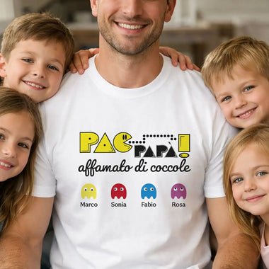 T-Shirt Uomo Pac Papà Affamato di Coccole Personalizzata con Nomi dei Figli