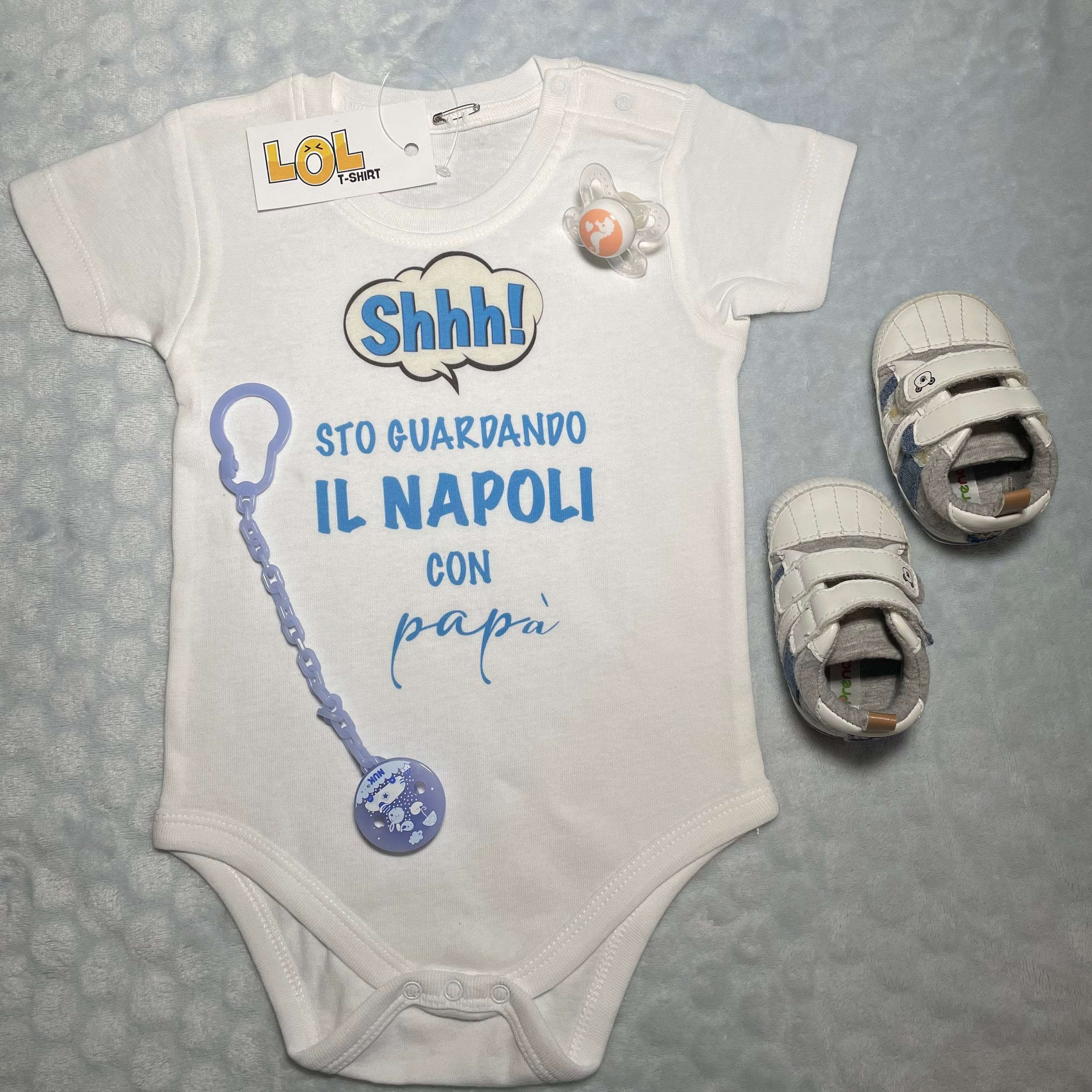 Lol T-Shirt Body per bimbi Shh sto guardando il Napoli con papà