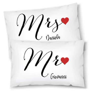 Coppia di federe matrimoniali Mr e Mrs personalizzabili con Nomi - Idea Regalo Federe per cuscino